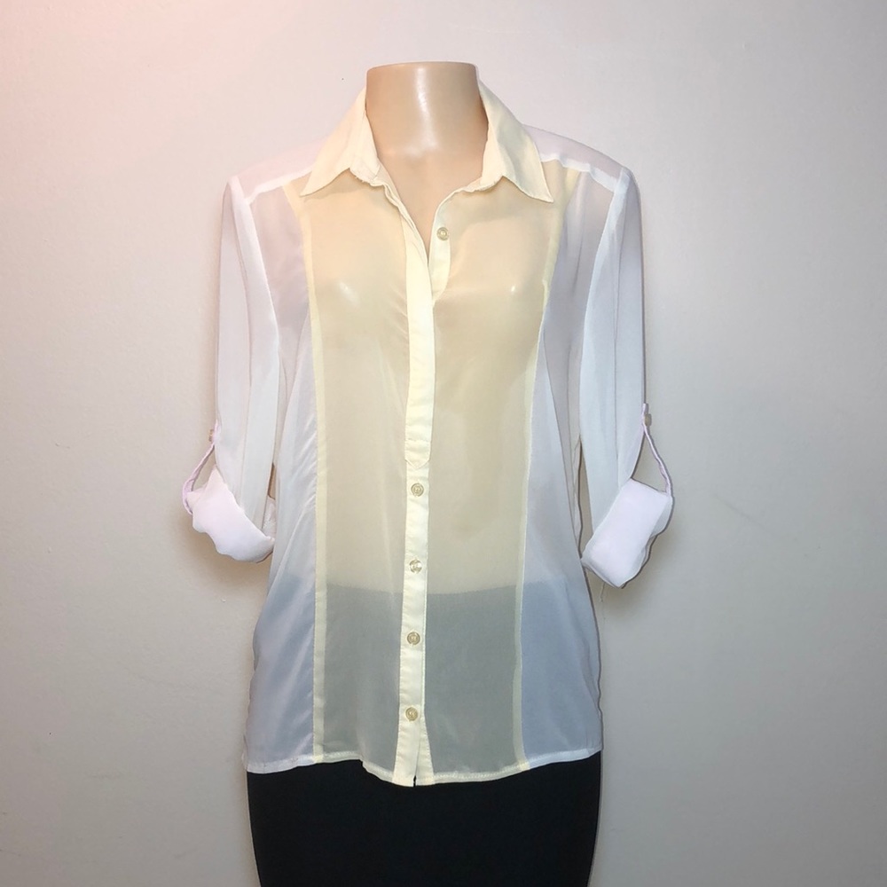 White yellow pink sheer blouse